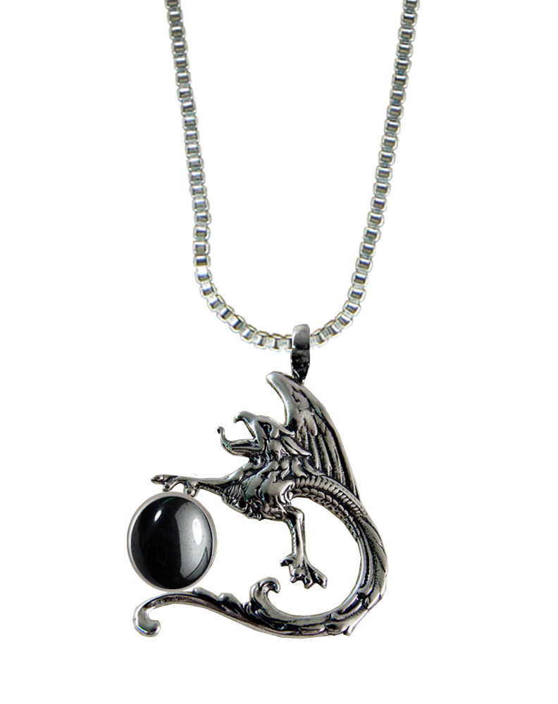 Sterling Silver Tattoo Dragon Pendant With Hematite